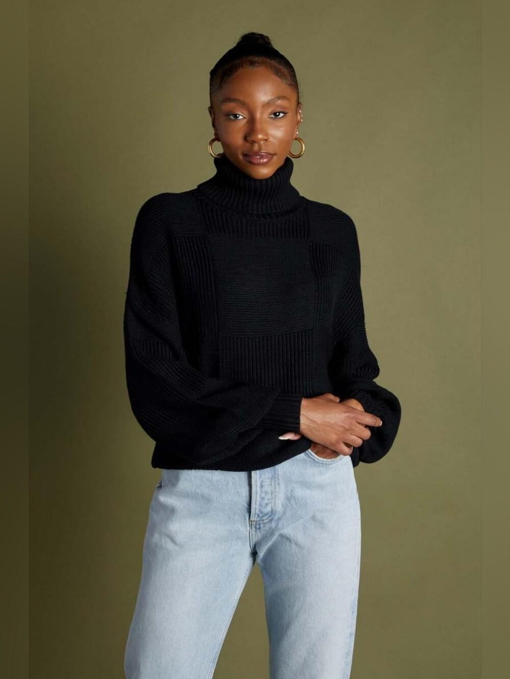 Staud Benny sweater in black, patchwork turtleneck knit, small
